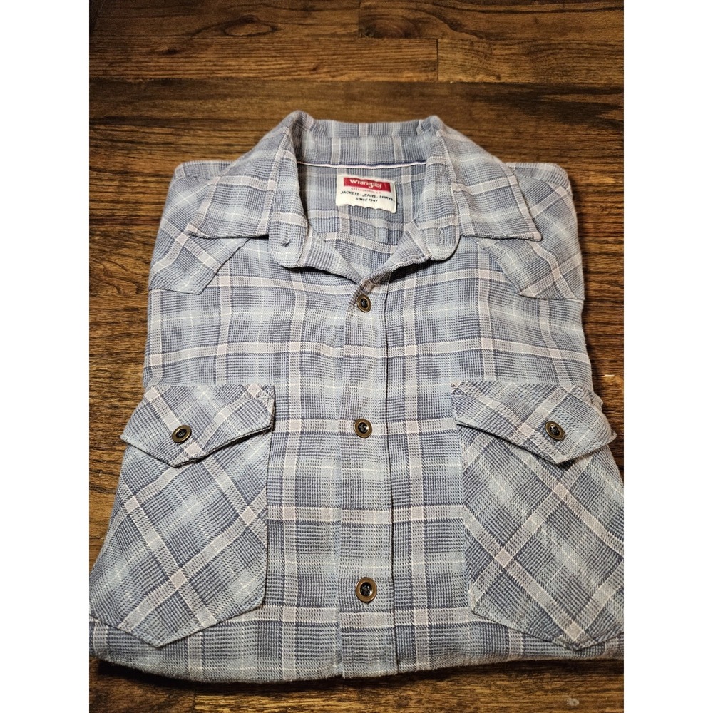 Wrangler Greensboro Mens Medium Blue Plaid Western Long Sleeve Button Up Shirt